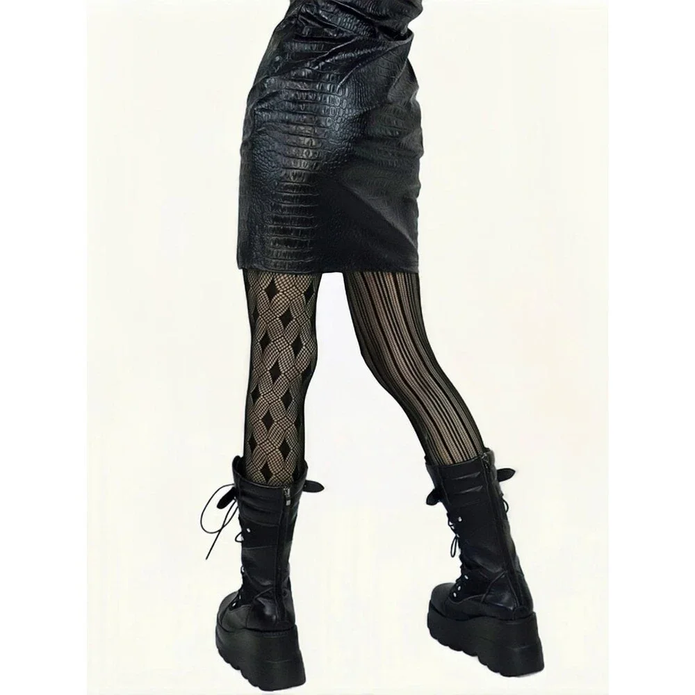 OYOANGLE Womens Black Gothic Striped Graphic Fishnet Tights OS Style Fit - NWT